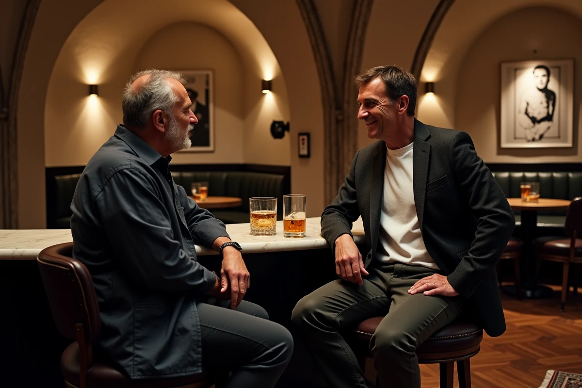 Deux hommes de plus de 40 ans dans un bar lounge jazz à l'ambiance feutrée à Perpignan