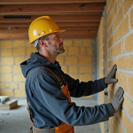 Maçon posant des panneaux d'isolation en laine minérale en intérieur