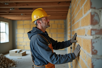 Maçon posant des panneaux d'isolation en laine minérale en intérieur