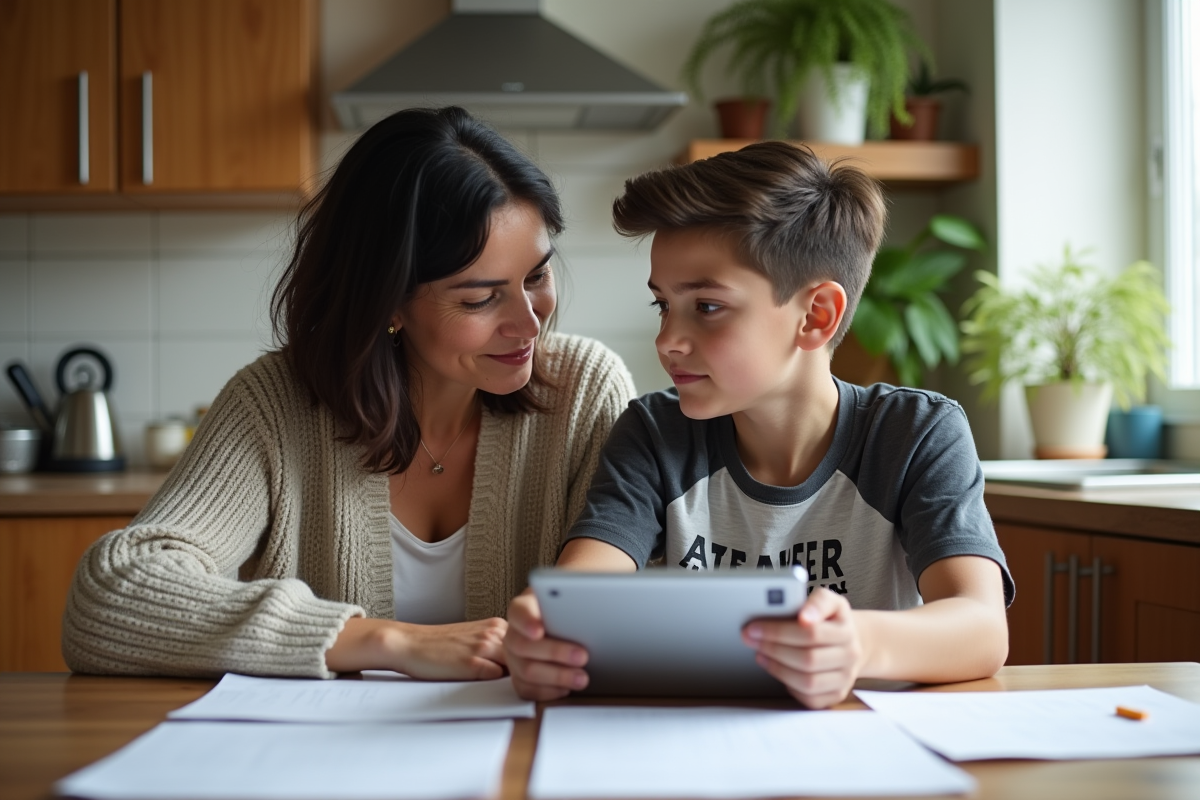 Mère et fils discutent dans la cuisine chaleureuse