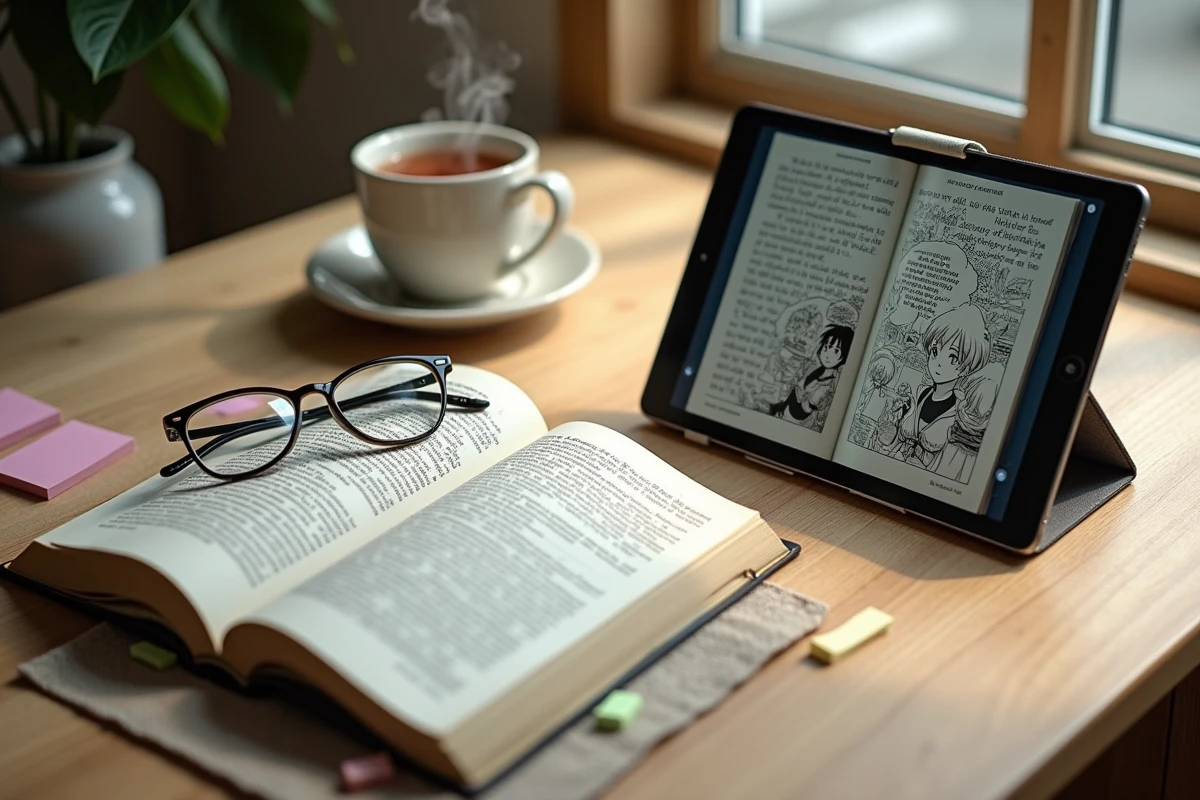 Vue aérienne d'un bureau avec un manga ouvert et une tablette affichant la même page en version numérique