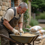 Maçon expérimenté mélange chaux et sable à l'extérieur