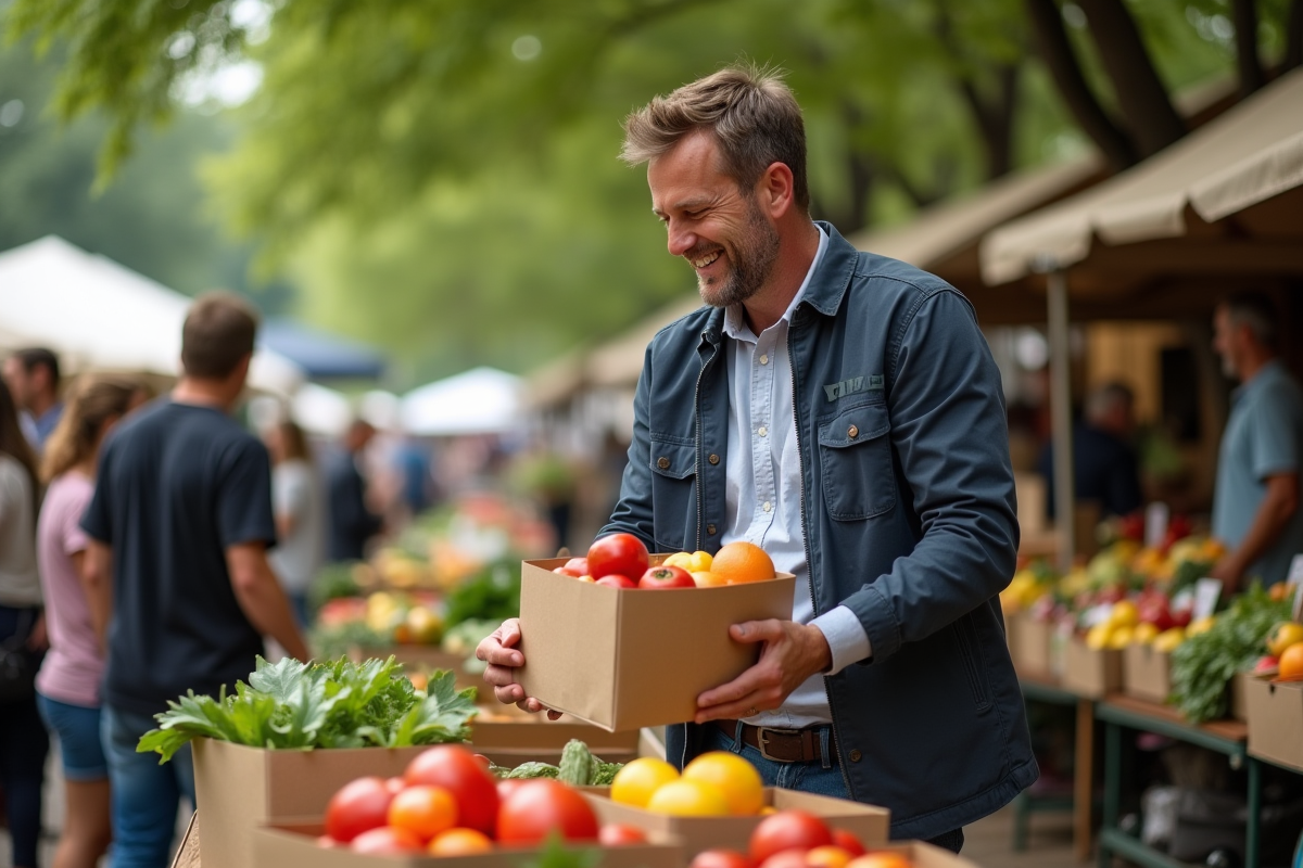 Homme vendant emballages recyclables au marché en plein air