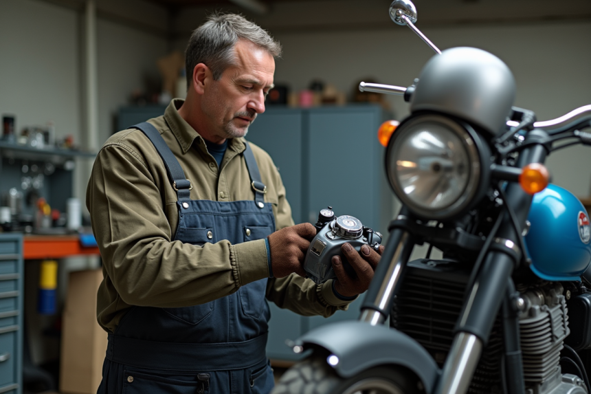 Mécanicien moto inspectant un moteur 125cc dans un garage