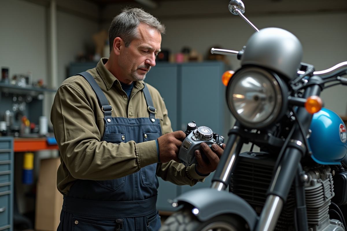 Mécanicien moto inspectant un moteur 125cc dans un garage