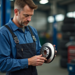 Mécanicien homme examinant un disque de frein usé dans un atelier