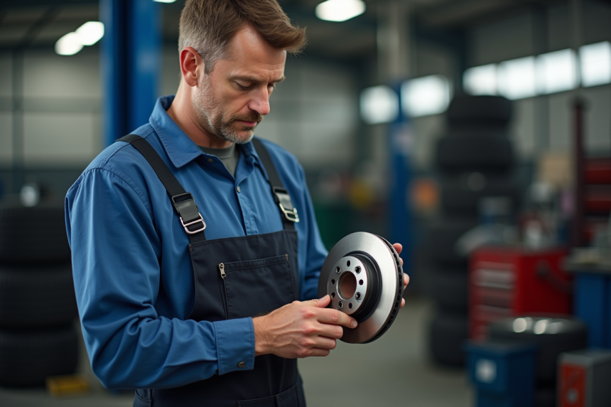 Mécanicien homme examinant un disque de frein usé dans un atelier