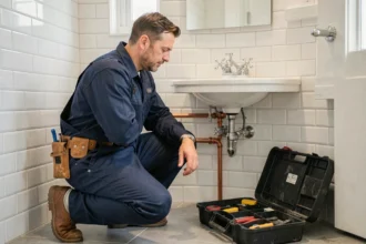 Plombier professionnel en train de travailler sous un évier dans une salle de bain moderne à Fréjus