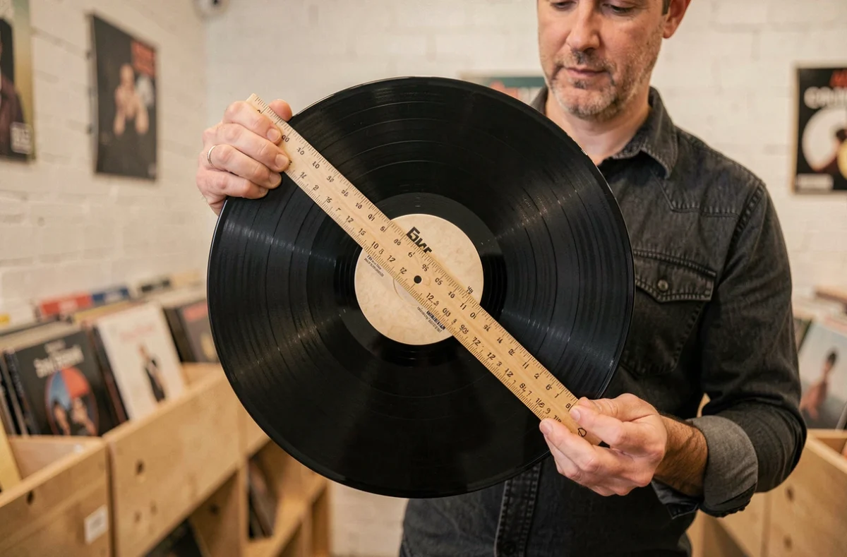 Homme tenant un disque vinyle 33 tours avec une règle mesurant son diamètre dans un magasin de disques