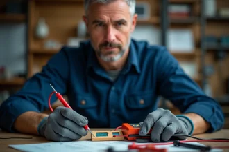 Technicien utilisant un multimètre en mode ohmmètre pour mesurer la résistance d'un composant électronique sur une plaque d'essai