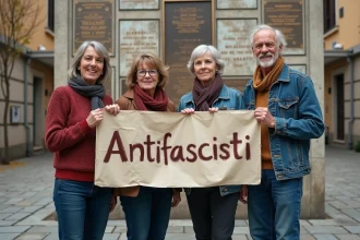 Groupe de militants antifascistes devant un mémorial de la Résistance en pierre gravée dans une ville européenne