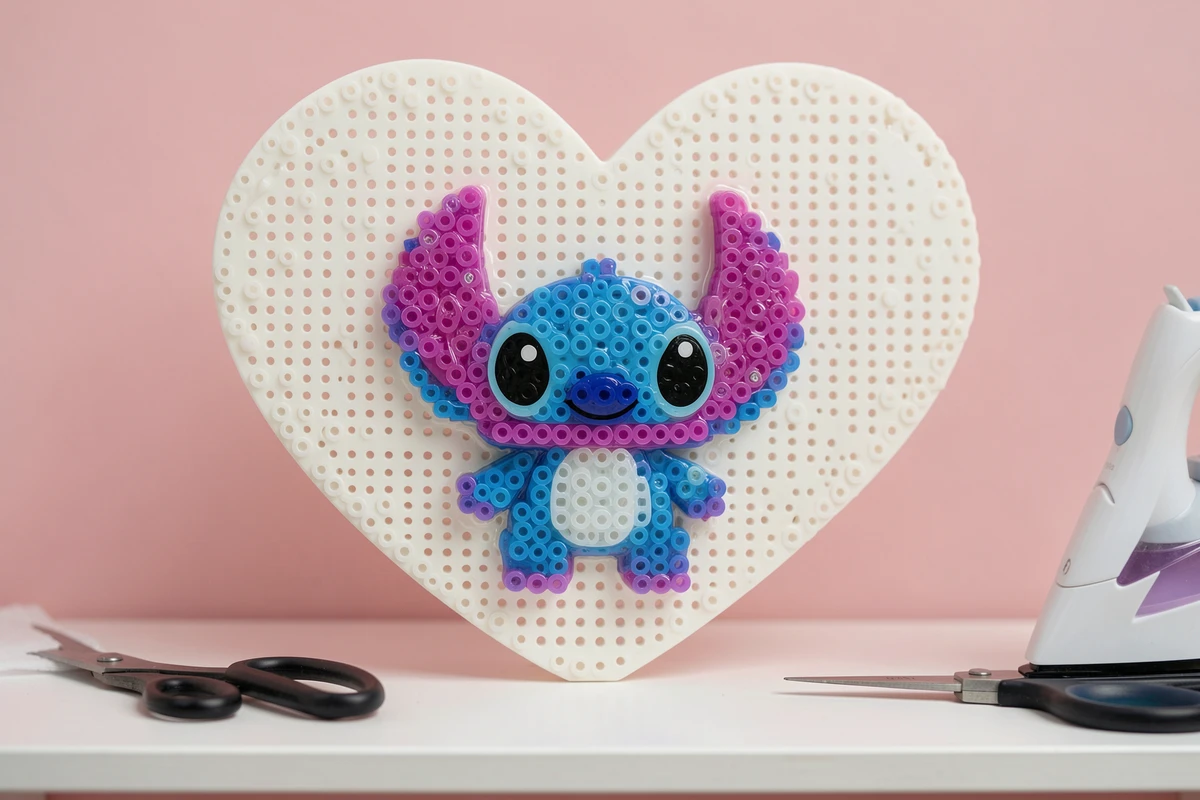 Modèle perles à repasser Stitch terminé sur plaque en forme de cœur posé sur une étagère blanche