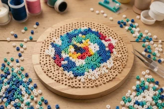 Modèle perles à repasser Stitch sur plaque ronde avec perles colorées disposées sur une table en bois