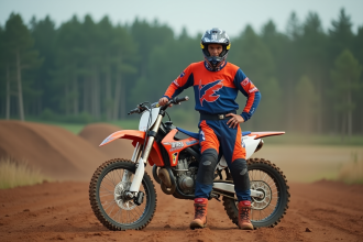Jeune homme motocross avec casque enlevé près de sa moto
