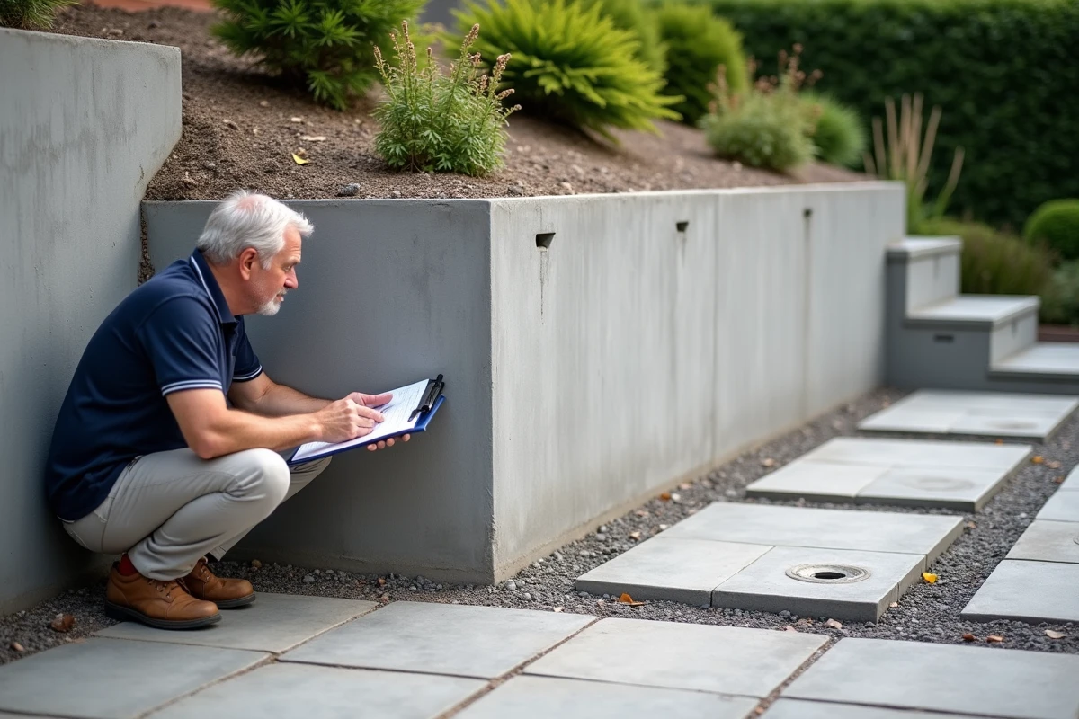 Mur de soutènement en béton armé sur terrain en pente avec drainage et jardin aménagé