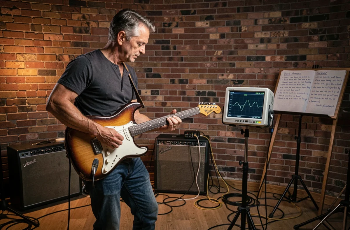 Musicien en salle de répétition vérifiant la dynamique de son micro Samarium Cobalt Noiseless sur oscilloscope