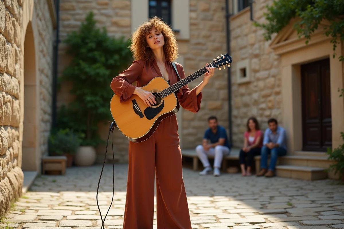 Musicienne jouant de la guitare acoustique sur une scène en plein air dans un village près de Lyon