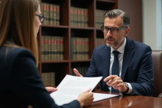 Notaire expliquant un document à une cliente dans un bureau professionnel