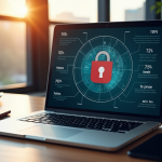 Ordinateur portable avec VPN ouvert sur un bureau en voyage