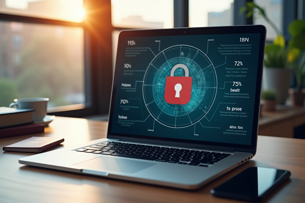 Ordinateur portable avec VPN ouvert sur un bureau en voyage