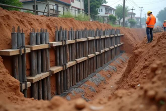 Paroi berlinoise sur terrain en pente avec pieux métalliques et planches de bois en milieu urbain