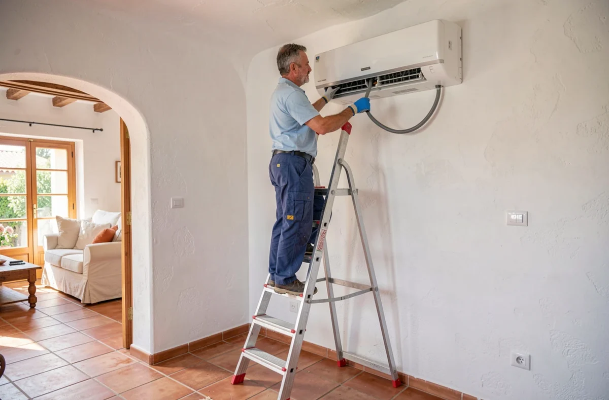 Technicien de PCCA Plomberie Climatisation Côte d'Azur installant une unité de climatisation dans un salon méditerranéen