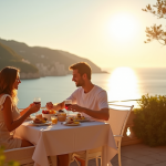 Couple romantique petit-dejeuner terrasse méditerranee