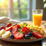 Table de petit déjeuner avec salade de fruits colorée et grains
