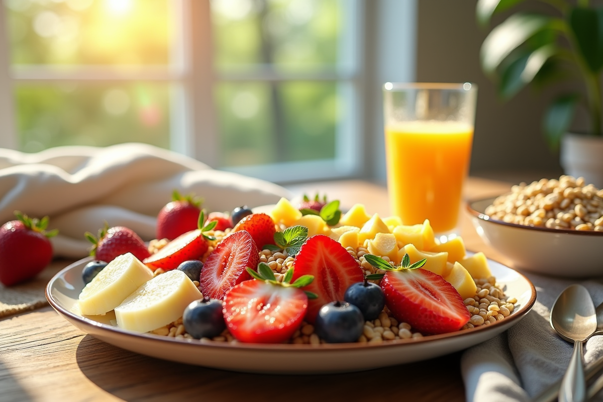 Table de petit déjeuner avec salade de fruits colorée et grains