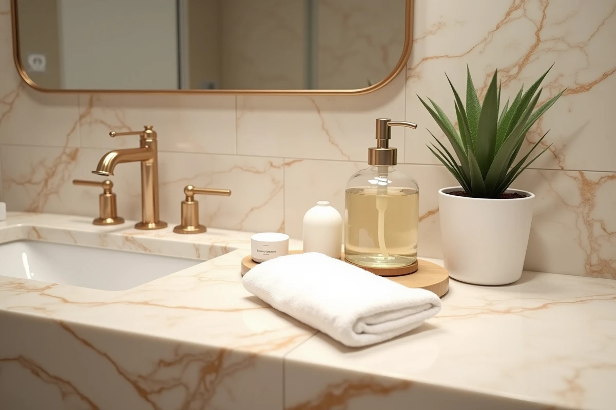 Gros plan d'un plan vasque en marbre beige veiné avec accessoires de salle de bain et carrelage assorti