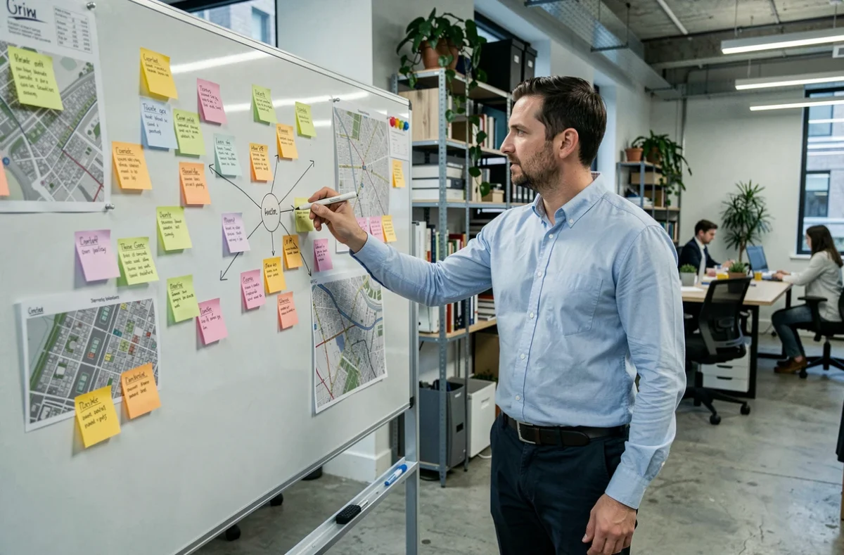 Homme debout devant un tableau blanc avec des notes colorées et une carte urbaine dans un espace de coworking moderne, illustrant la planification avec Magic Ville