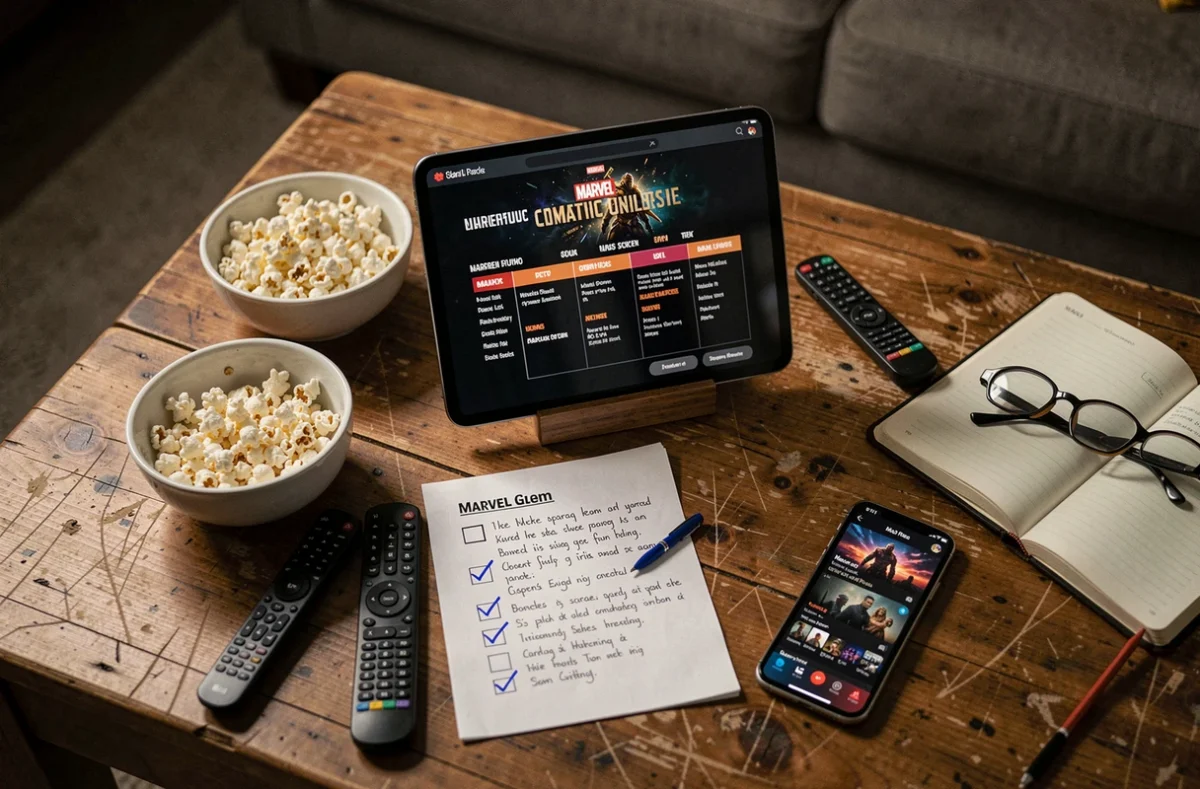 Vue aérienne d'une table basse avec planning des films Marvel en ordre et accessoires de soirée binge-watching