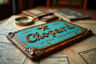 Plaque émaillée Chopard vintage posée sur une table de brocanteur avec catalogues et loupe d'expert