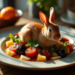 Ragout de lapin aux prunes présenté sur une table en bois