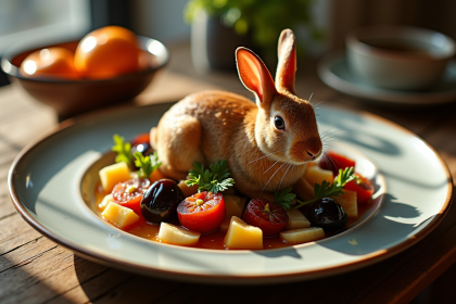 Ragout de lapin aux prunes présenté sur une table en bois