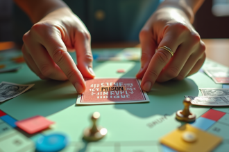 Zoom sur un plateau Monopoly avec une main tenant une carte sortie de prison