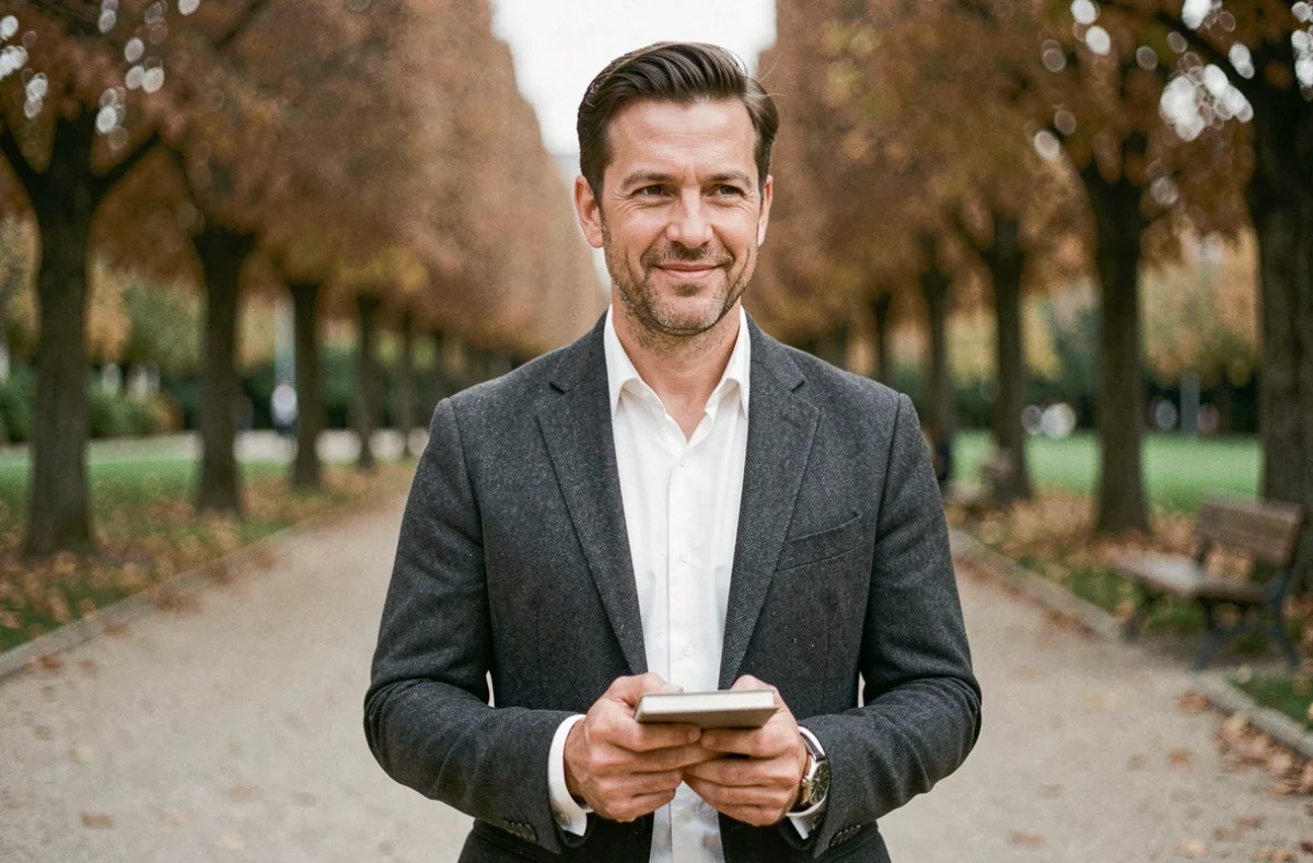 Portrait d'un homme en veste charbon dans un parc parisien à l'automne avec allée en gravier