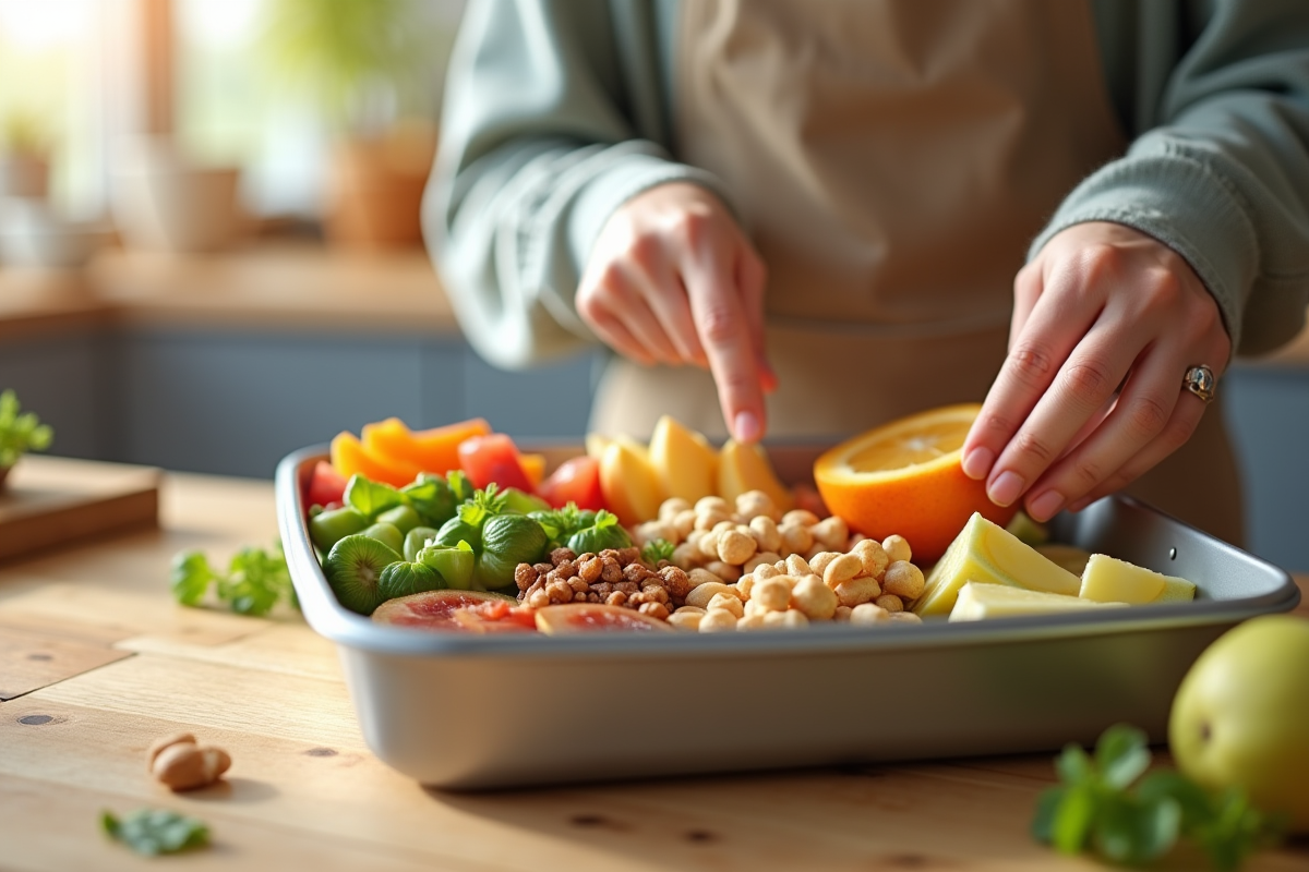 Personne préparant une lunchbox saine avec fruits et légumes frais