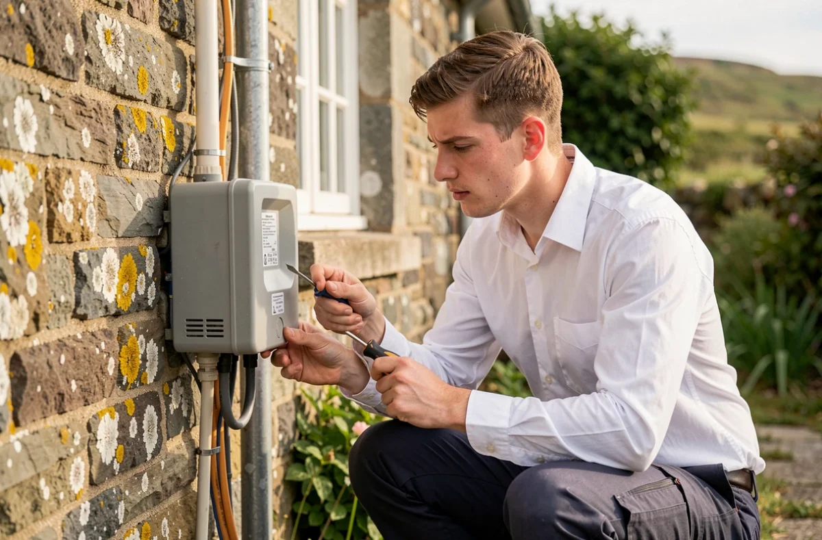 Florian Presle Électricité inspectant une installation extérieure sur le mur d'un cottage breton en granit