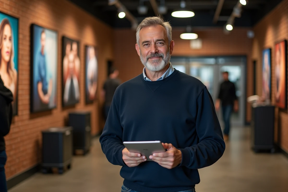 Producteur exécutif dans les couloirs d'un studio de production tenant une tablette avec les détails d'une série Netflix originale