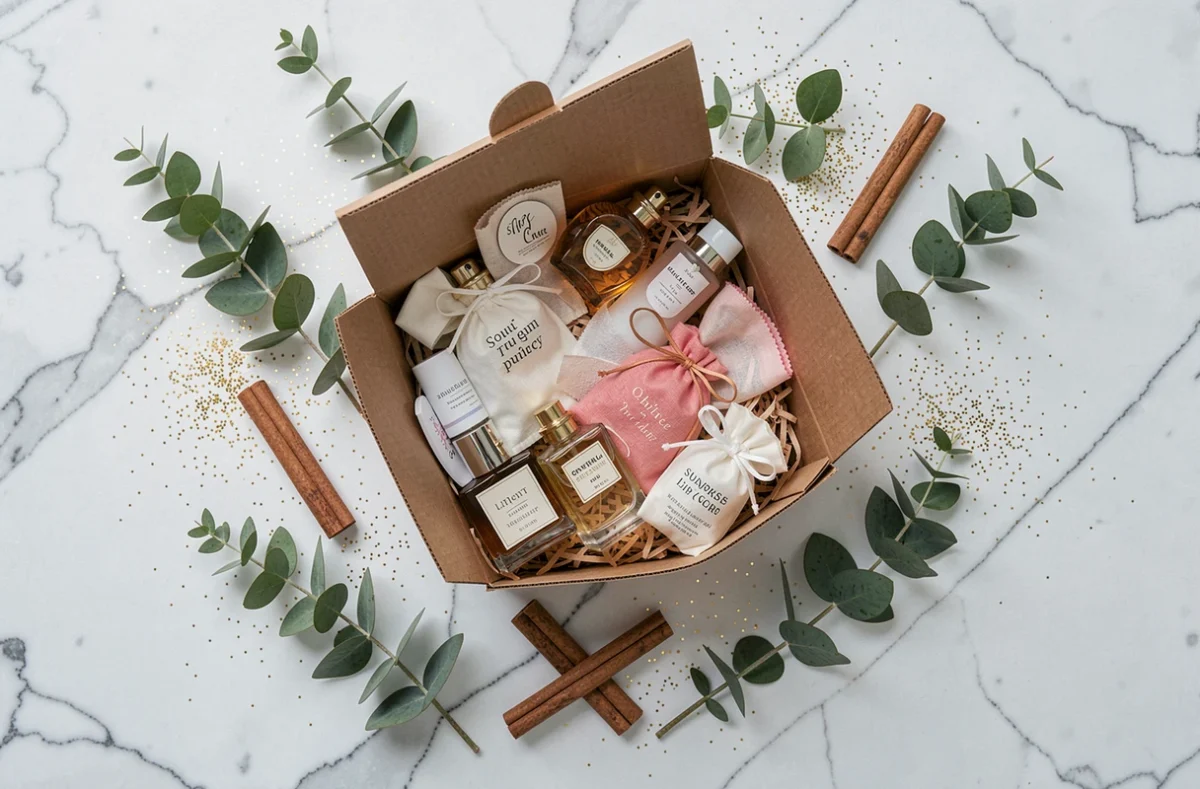 Vue de dessus des produits beauté et parfum du calendrier de l'Avent hugo Romance disposés sur marbre blanc avec accessoires festifs