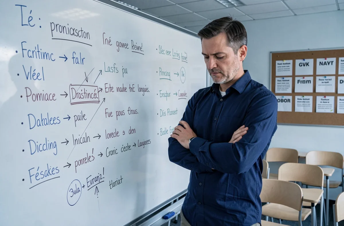 Professeur de langue devant un tableau blanc avec des expressions françaises et leurs traductions anglaises annotées, illustrant les défis de la traduction littérale