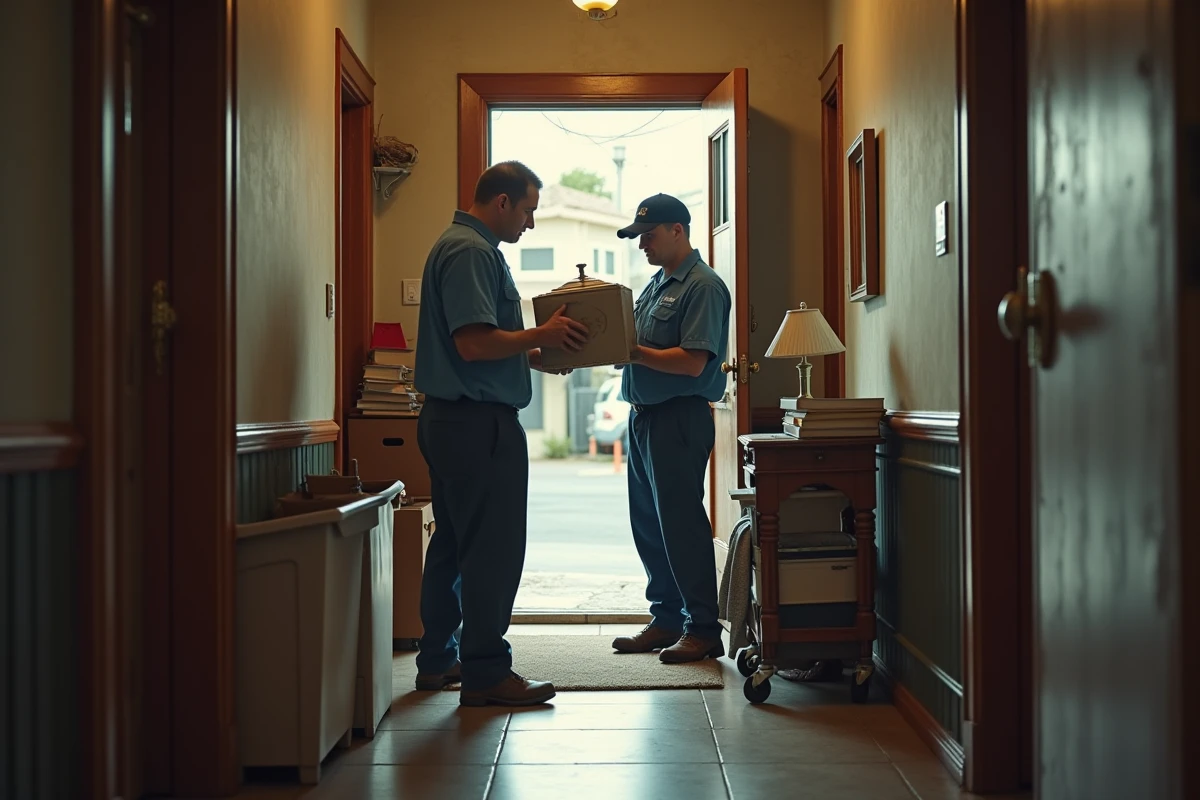 Deux professionnels trient des objets dans une entrée de maison