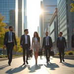 Professionnels en ville marchant et conversant dans un environnement urbain dynamique