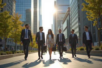 Professionnels en ville marchant et conversant dans un environnement urbain dynamique