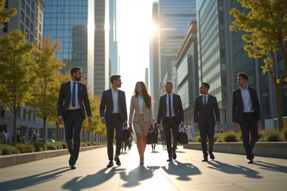 Professionnels en ville marchant et conversant dans un environnement urbain dynamique