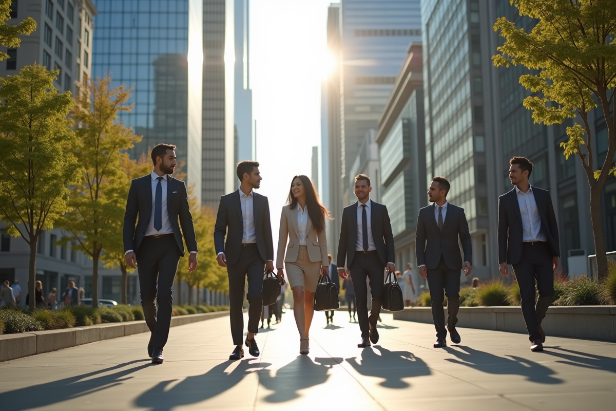 Professionnels en ville marchant et conversant dans un environnement urbain dynamique