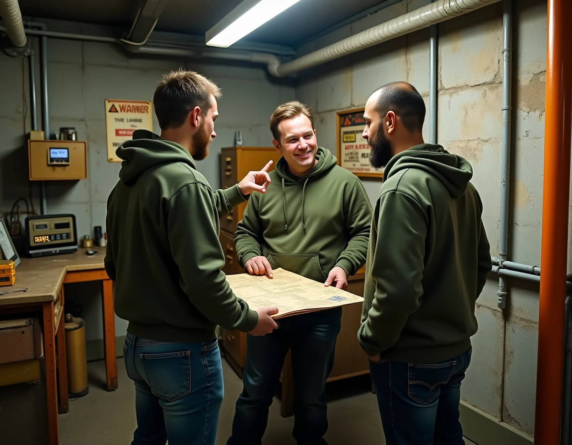 Groupe de joueurs déchiffrant une carte dans le décor de bunker militaire du Projet Warren à La Farlède