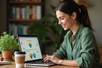 Jeune femme répondant au quiz Google de la journée de la Terre sur un ordinateur portable dans un bureau à domicile écologique