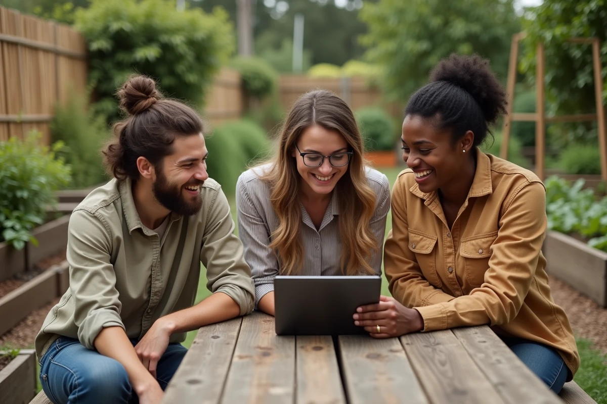 Groupe d'adultes participant ensemble au quiz Google de la Journée de la Terre autour d'une tablette dans un jardin communautaire